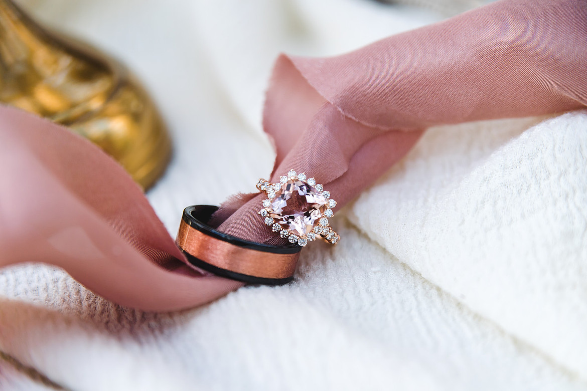 Ripon Jewelers, morganite engagement ring and rose gold men's band.  Shot by ShootAnyAngle.com