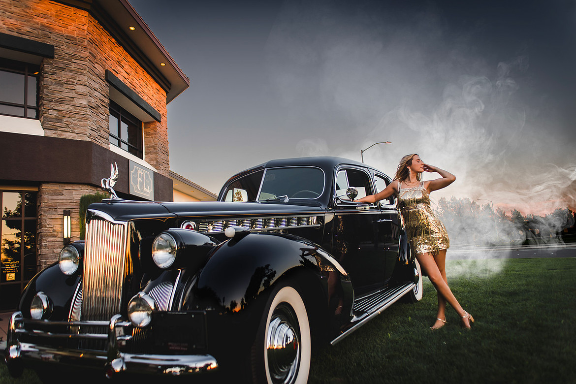 Epic shot of old car (Packard), 1920s model in front & fog in the back.  Photo by ShootAnyAngle.com