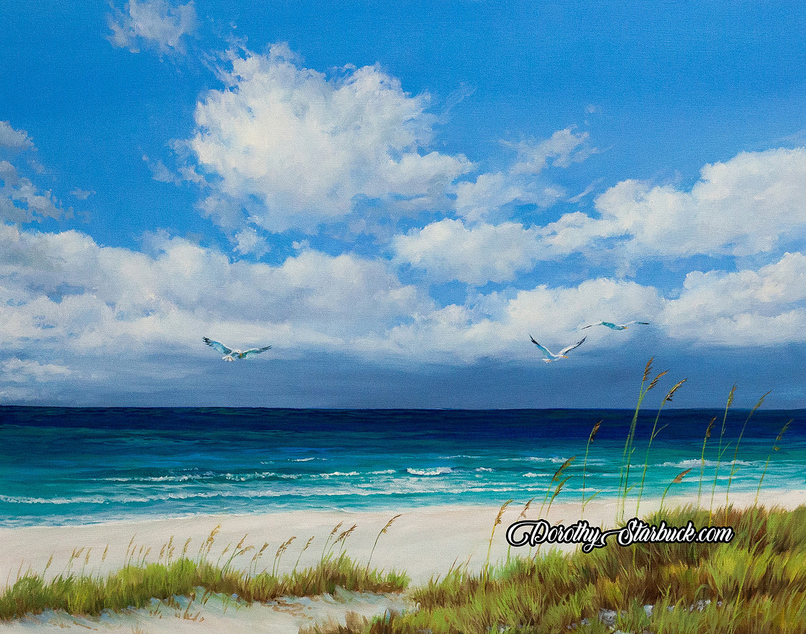 Turquoise Ocean with waves, clouds, birds flying over in painting.