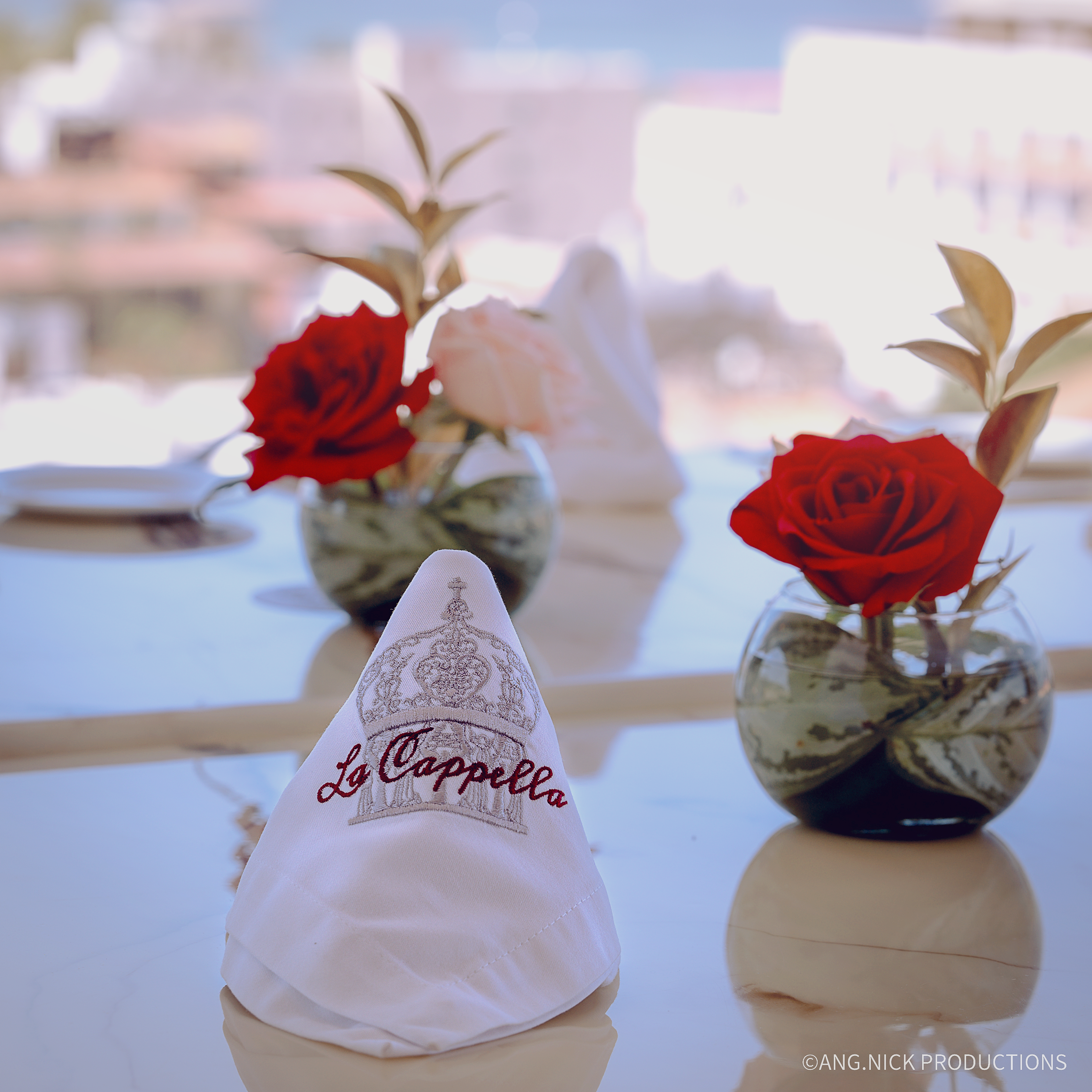 Beautiful roses arranged on a table at La Capella in Puerto Vallarta