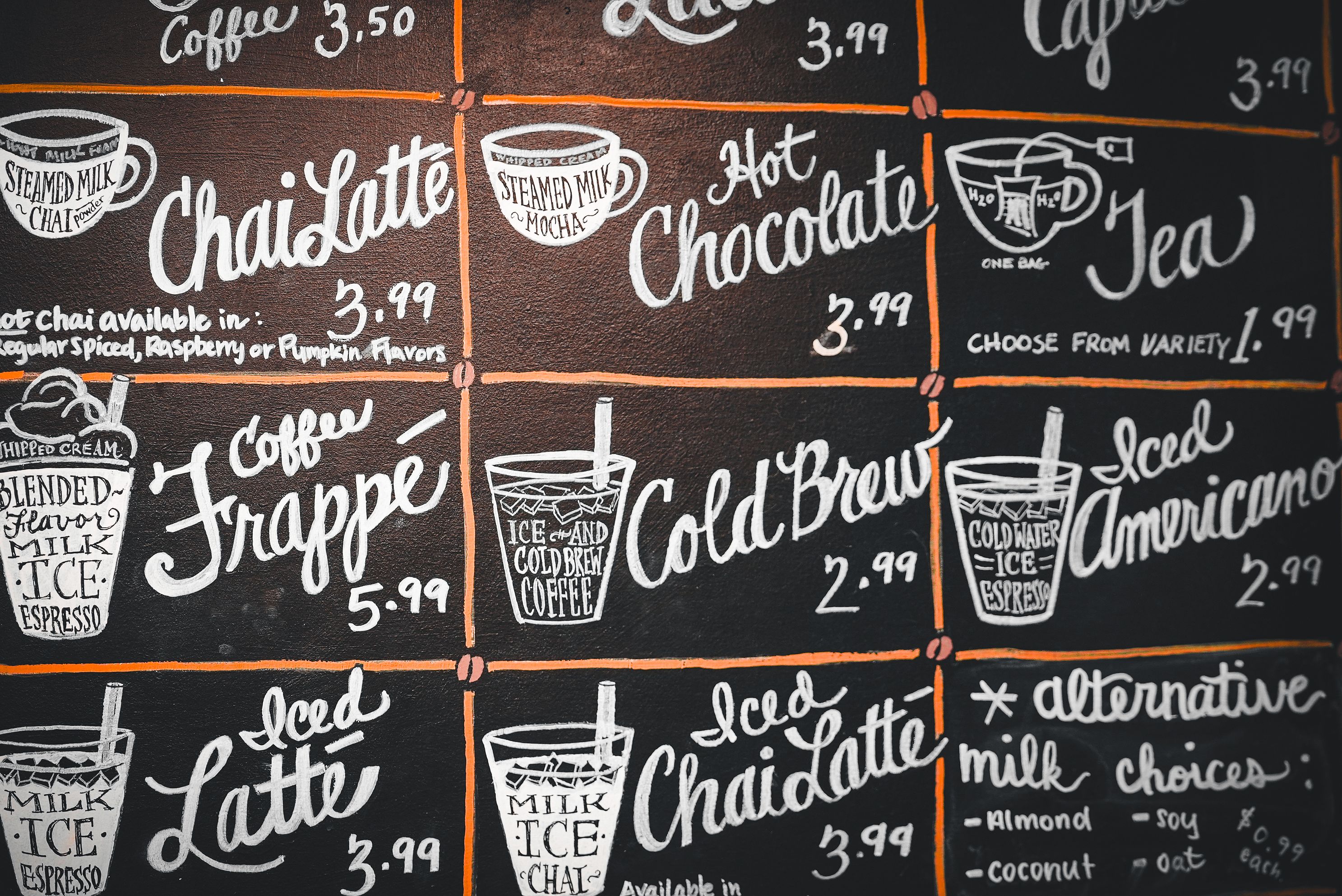 Coffee shop menu at Folly Beach