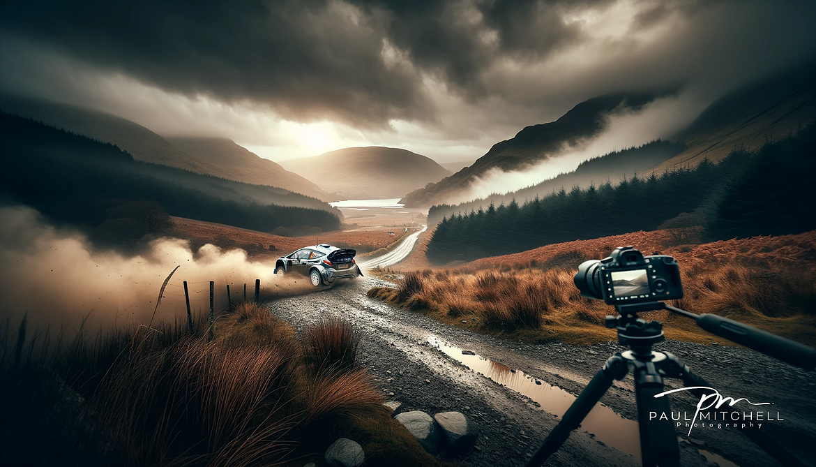DALL·E 2024-01-26 21.14.39 - A dramatic and moody scene depicting a rally car speeding on a rugged Welsh landscape during the Welsh Rally Championship 2024. The scene is set in a.png