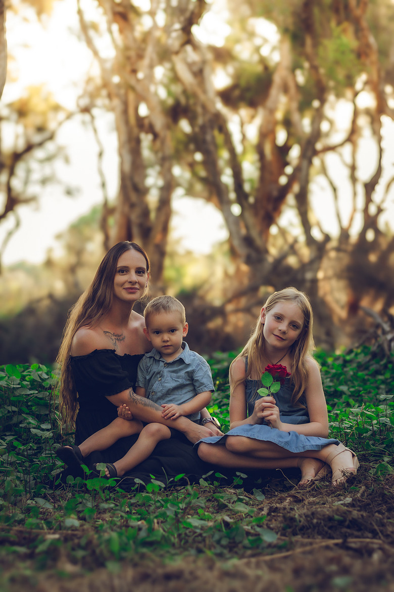 Mother with two children in forest, golden hour Perth family photography by Fyrefly Photography