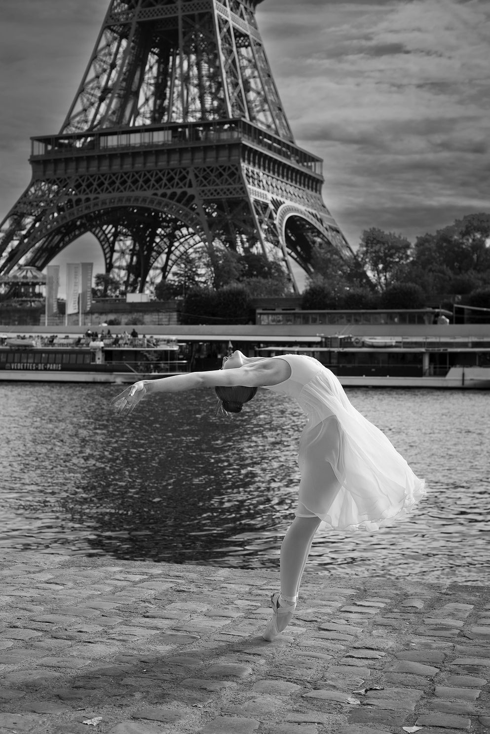 Black and white fashion ballerina on the Seine in Paris Eiffel Tower- artistic dance photograph