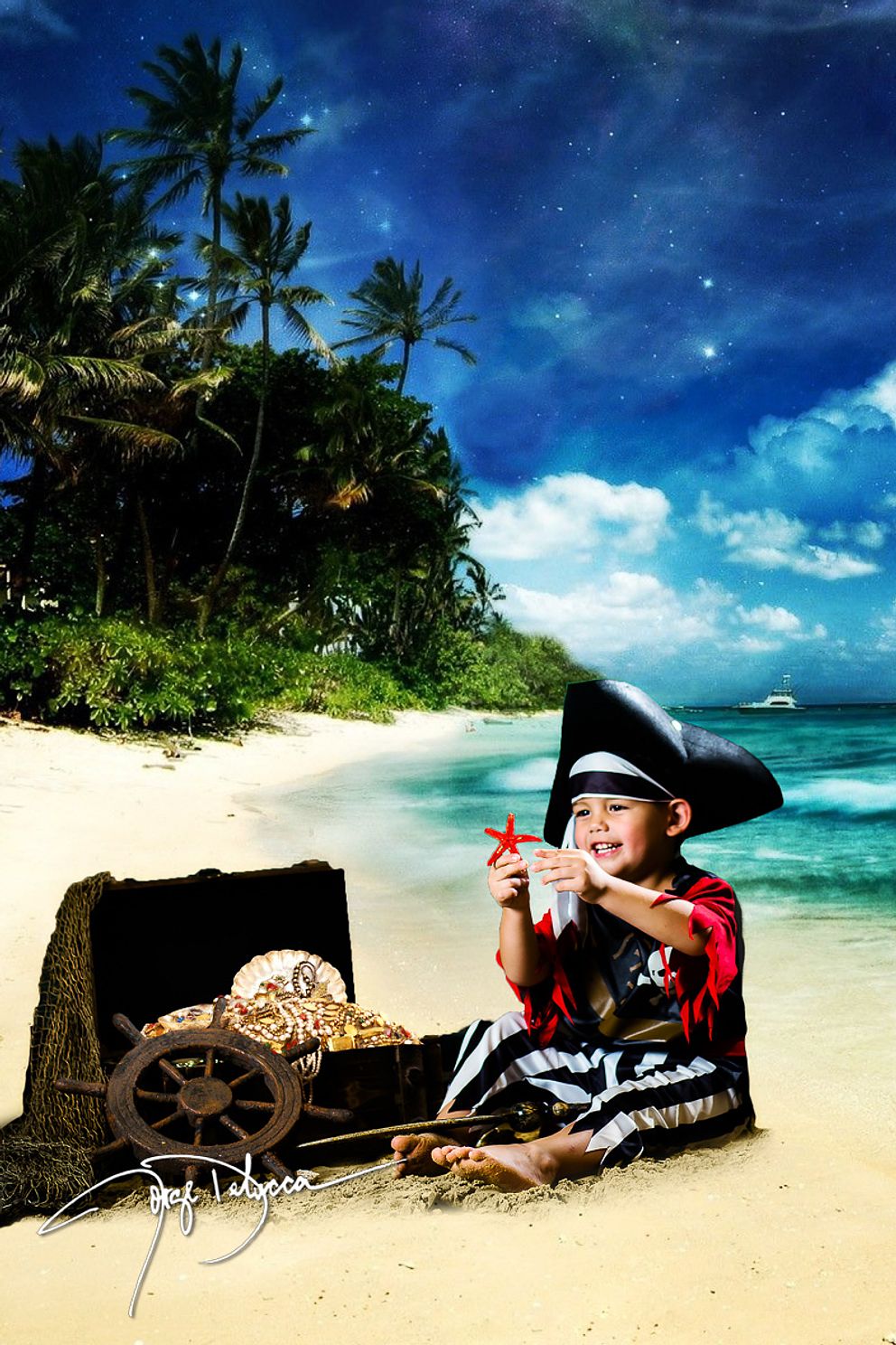 Child pirate adventure portrait with a treasure chest, blue cloudy sky on tropical island,