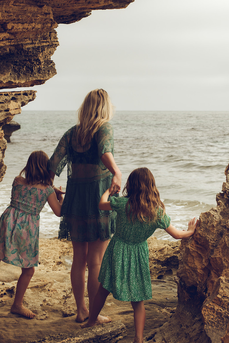Perth family beach photography - mother daughters seaside rocks Fyrefly golden hour coastal shoot
