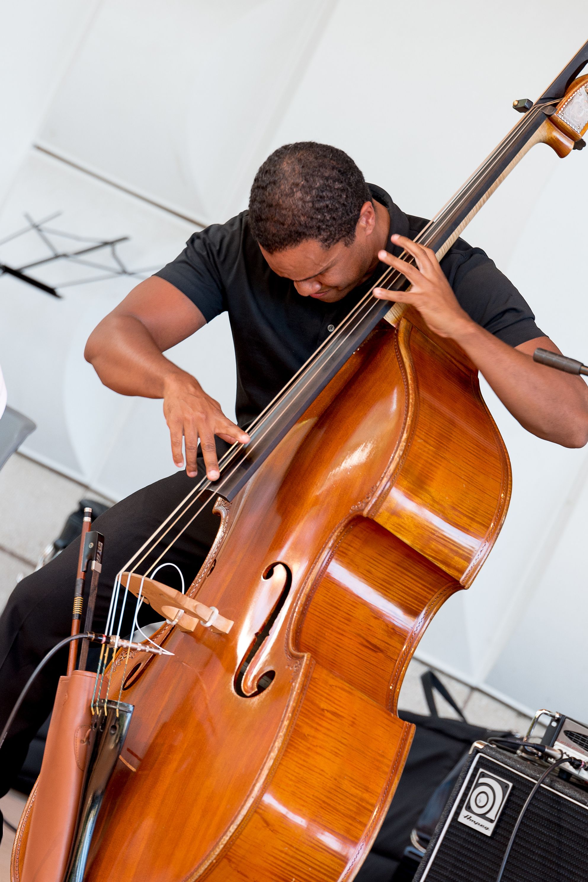 A person plays an upright bass.
