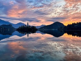 Church of Mother of God, Lake Bled, Slovenia at sunrise