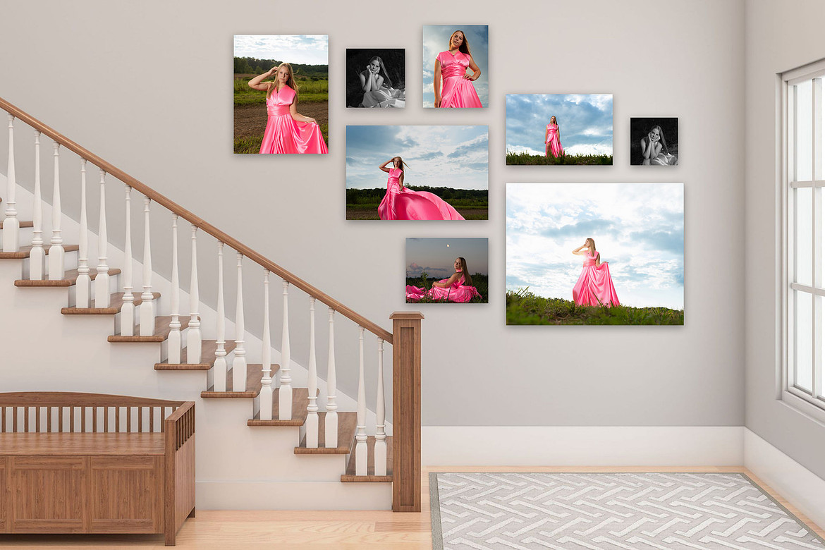 beautiful wall art display of a girl in pink dress printed on metal and hung near a hallway