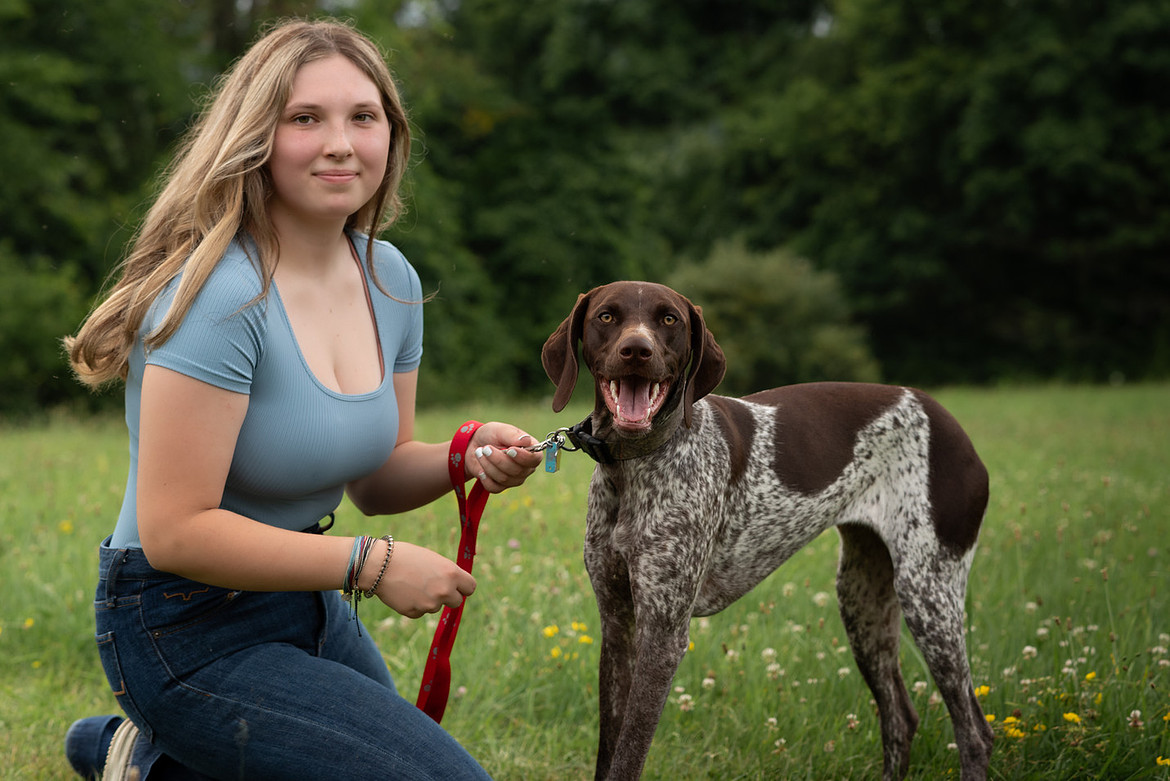 Playful senior girl and dog portrait in nature Mercer County PA