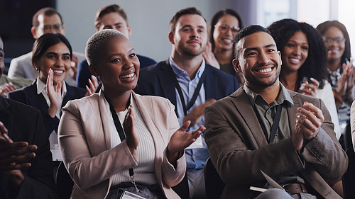 Business people, conference and audience applause at seminar, wo