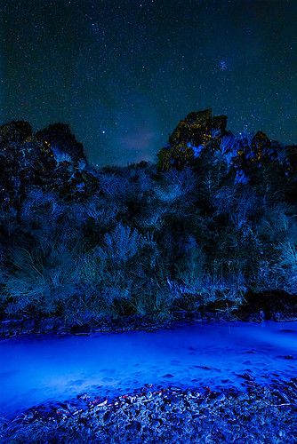 Serene night landscape with blue river and starry sky