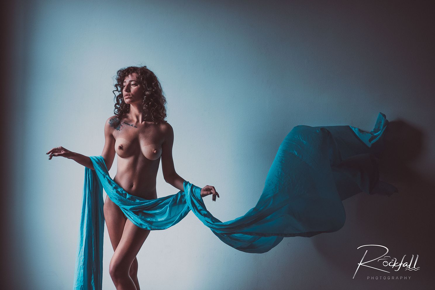 Woman fine art nude fabric blue