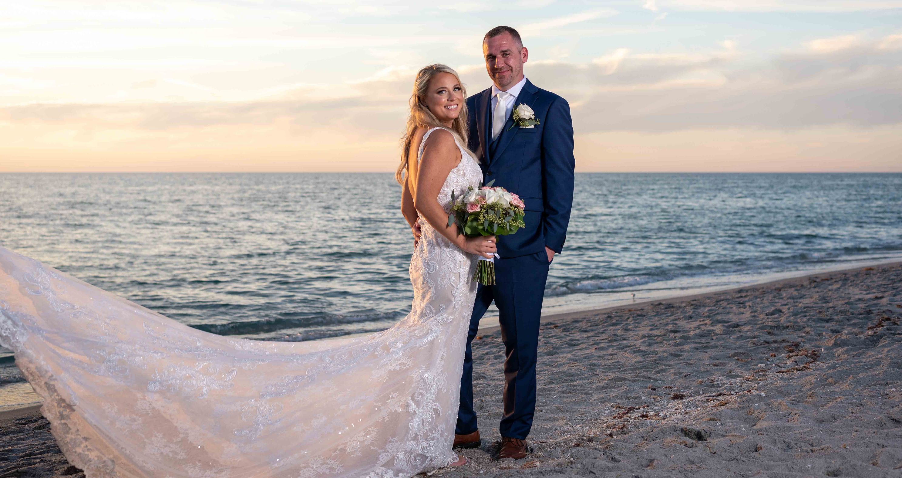 bride and groom on beach