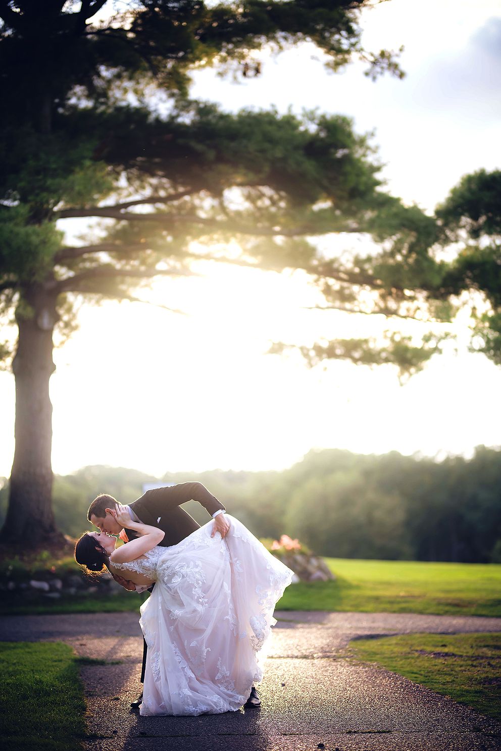 Sunset Wedding Photo at Whispering Pines Golf Course in Pinckney Michigan.