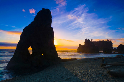 Seastacks at sunset on Ruby Beach