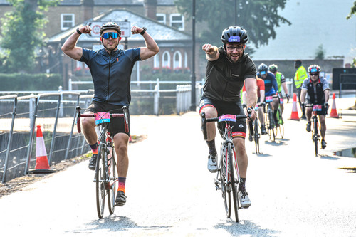 Cyclists at the BHF London to Brighton Bike Ride 2023. Carshalton Ponds, London