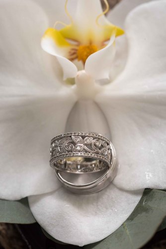 detail photo of a couple's wedding rings balanced on an iris