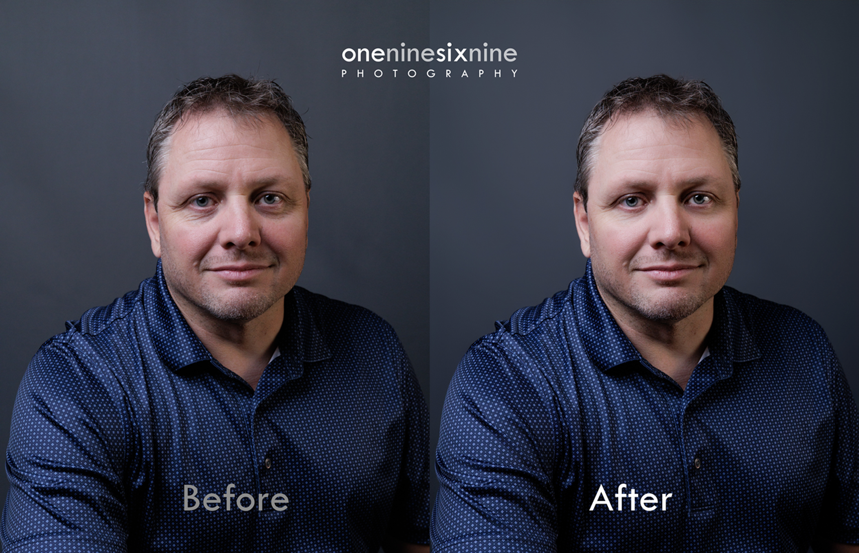 Before and after headshot comparison of a man, showing retouching by ONE NINE SIX NINE Photography.