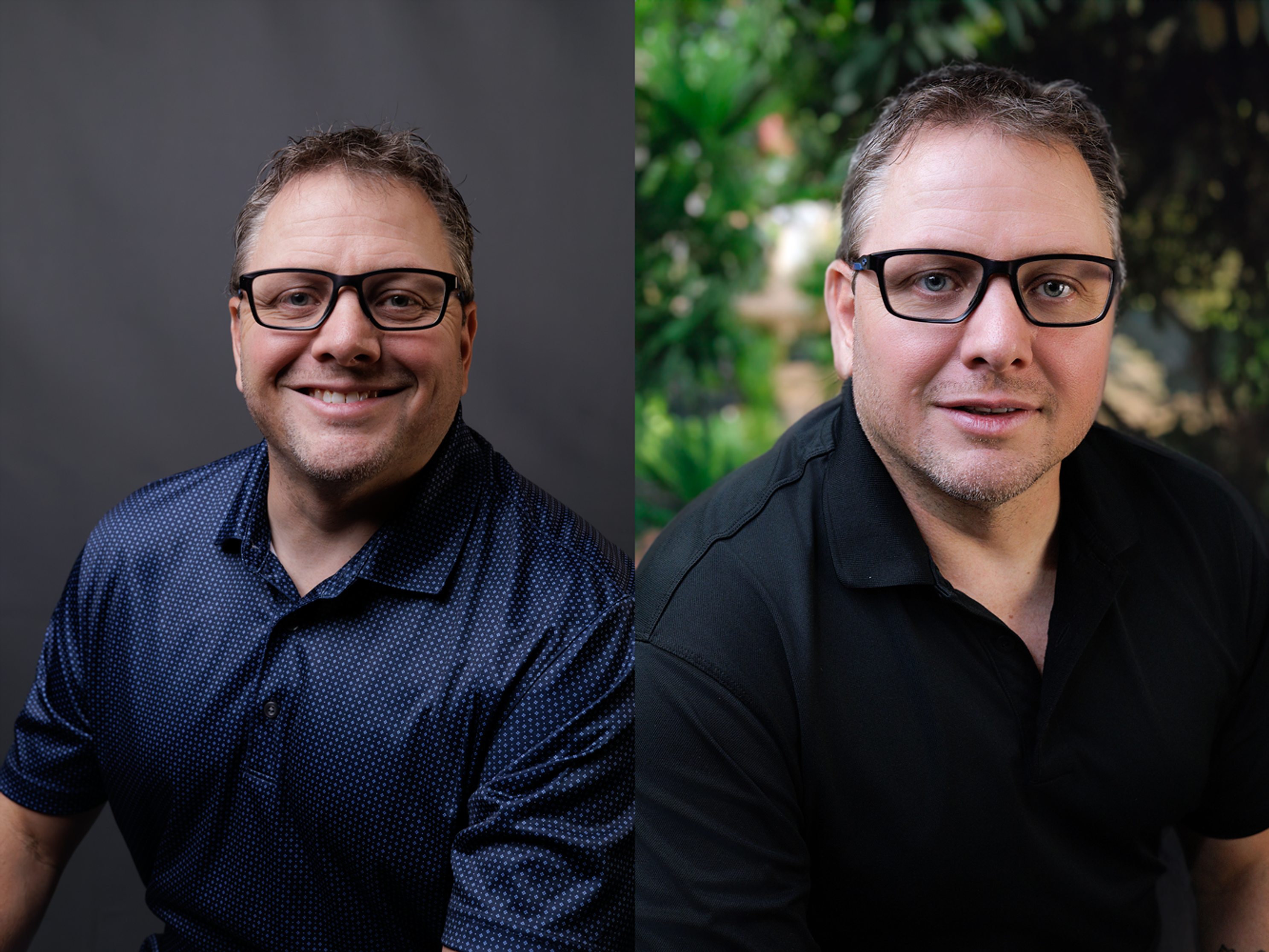 Side-by-side headshots of a man in both indoor studio lighting and outdoor natural light settings.