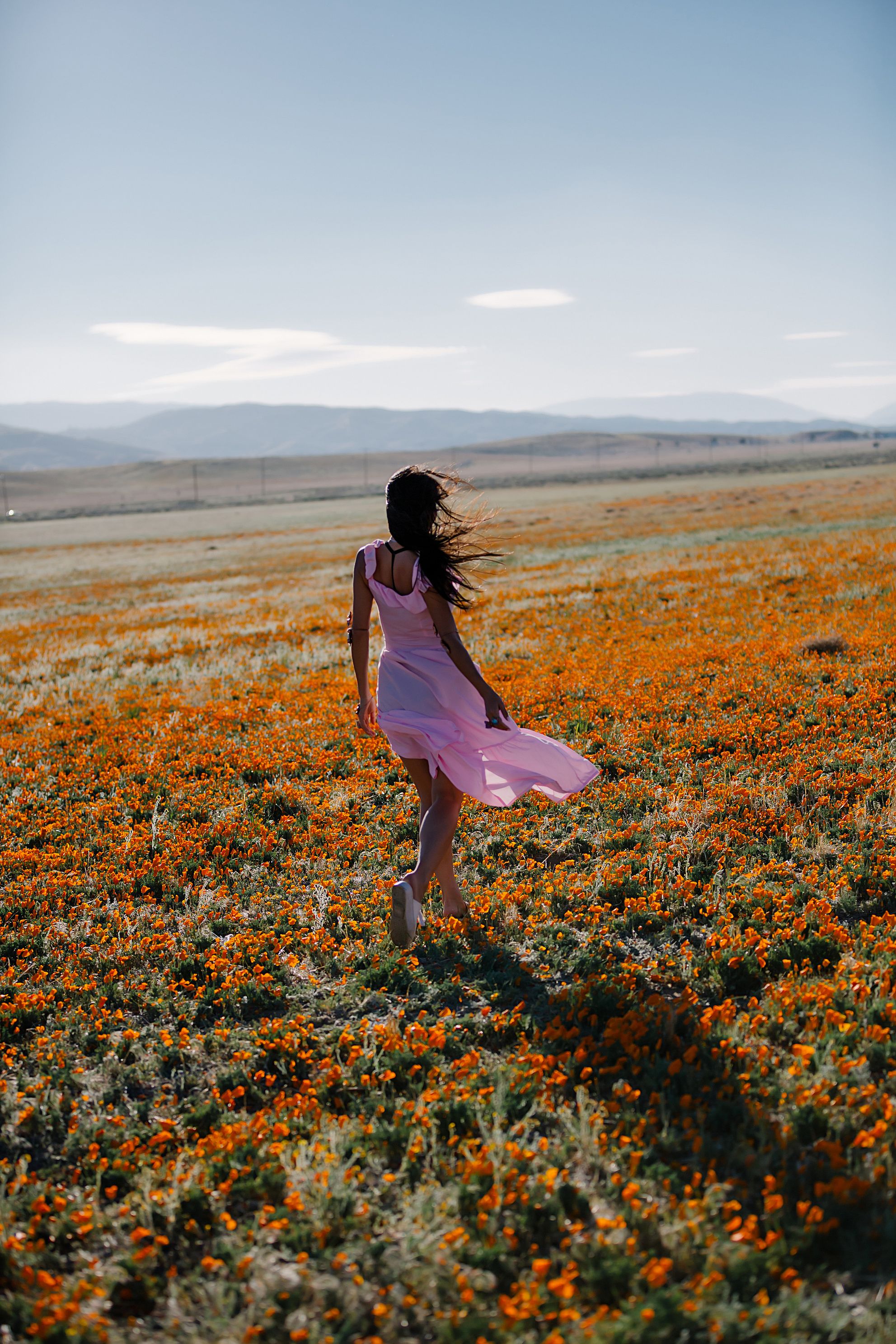 Photo session of a girl on the background of a California poppy 