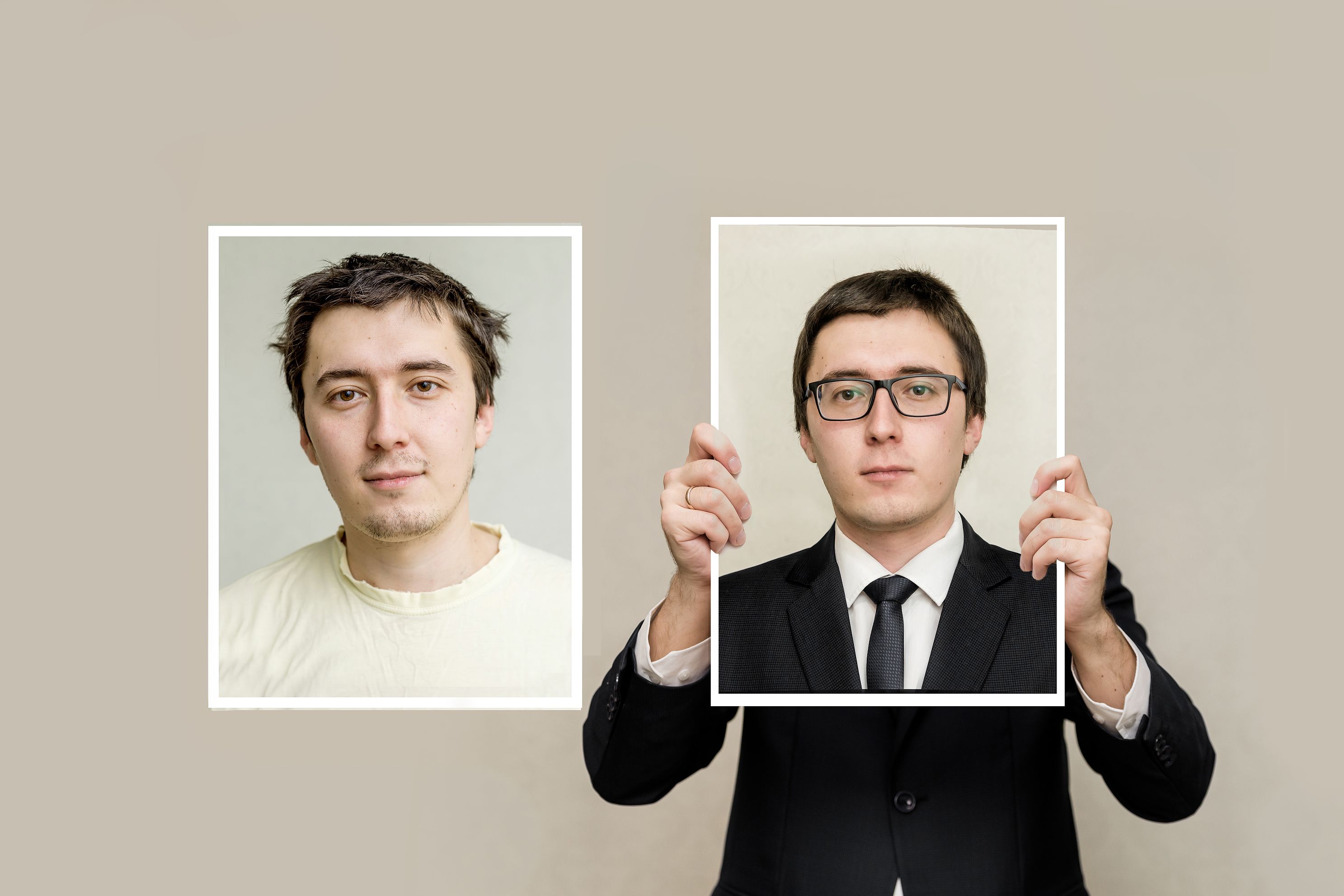 Side-by-side comparison of a man in casual and professional attire, showing transformation.