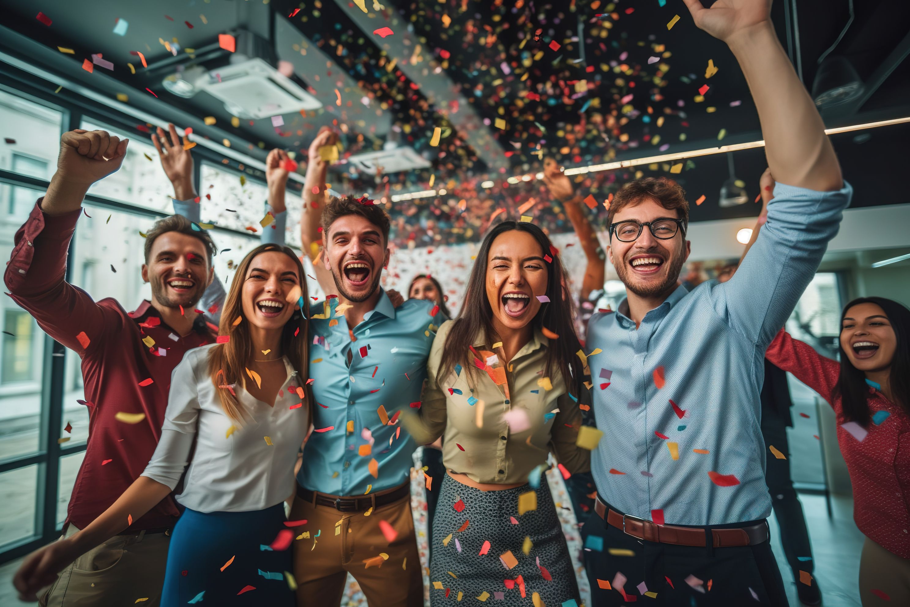 Happy diverse employees team celebrating success business achievement among confetti