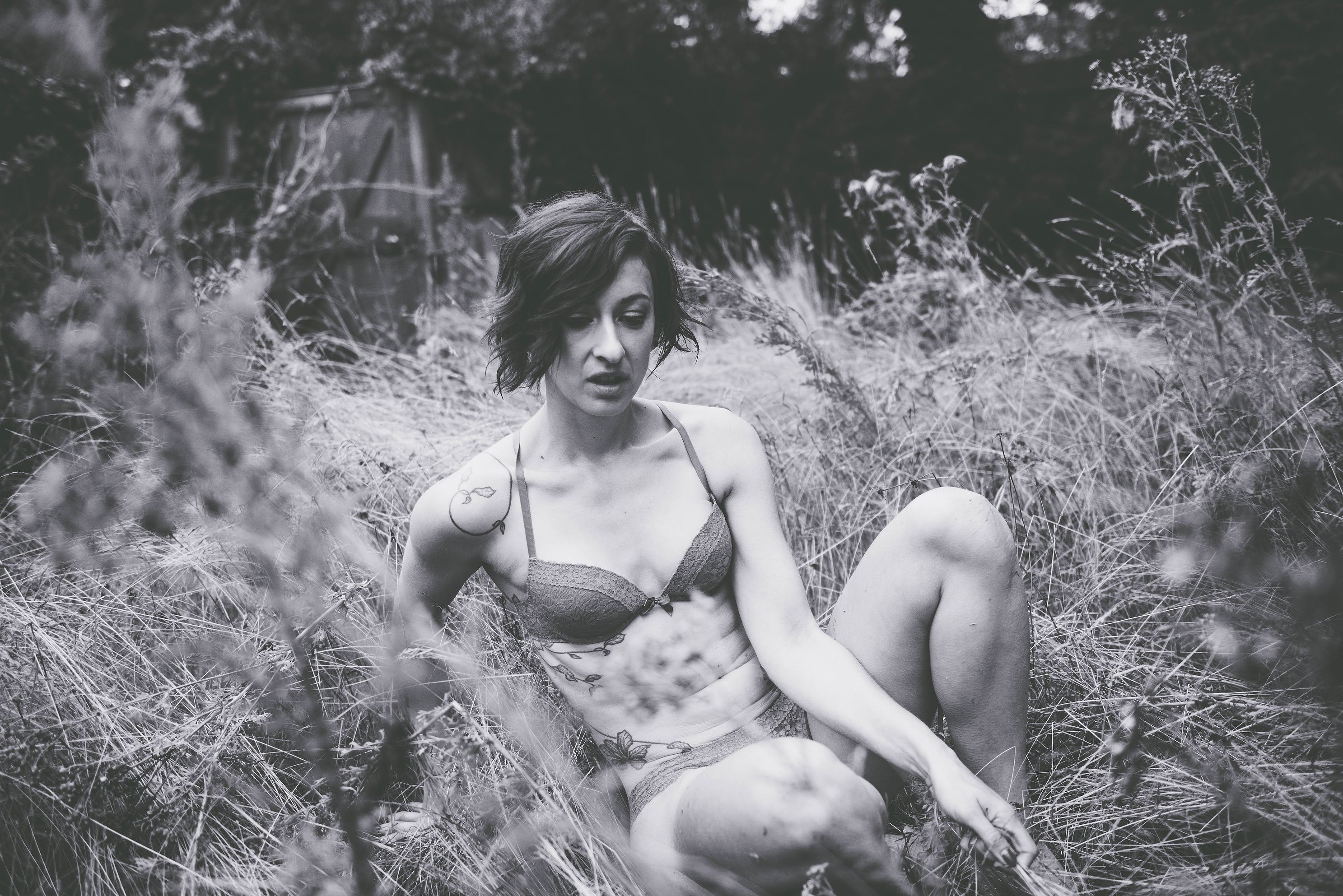 BB Montague sitting softly among tall grass in a garden