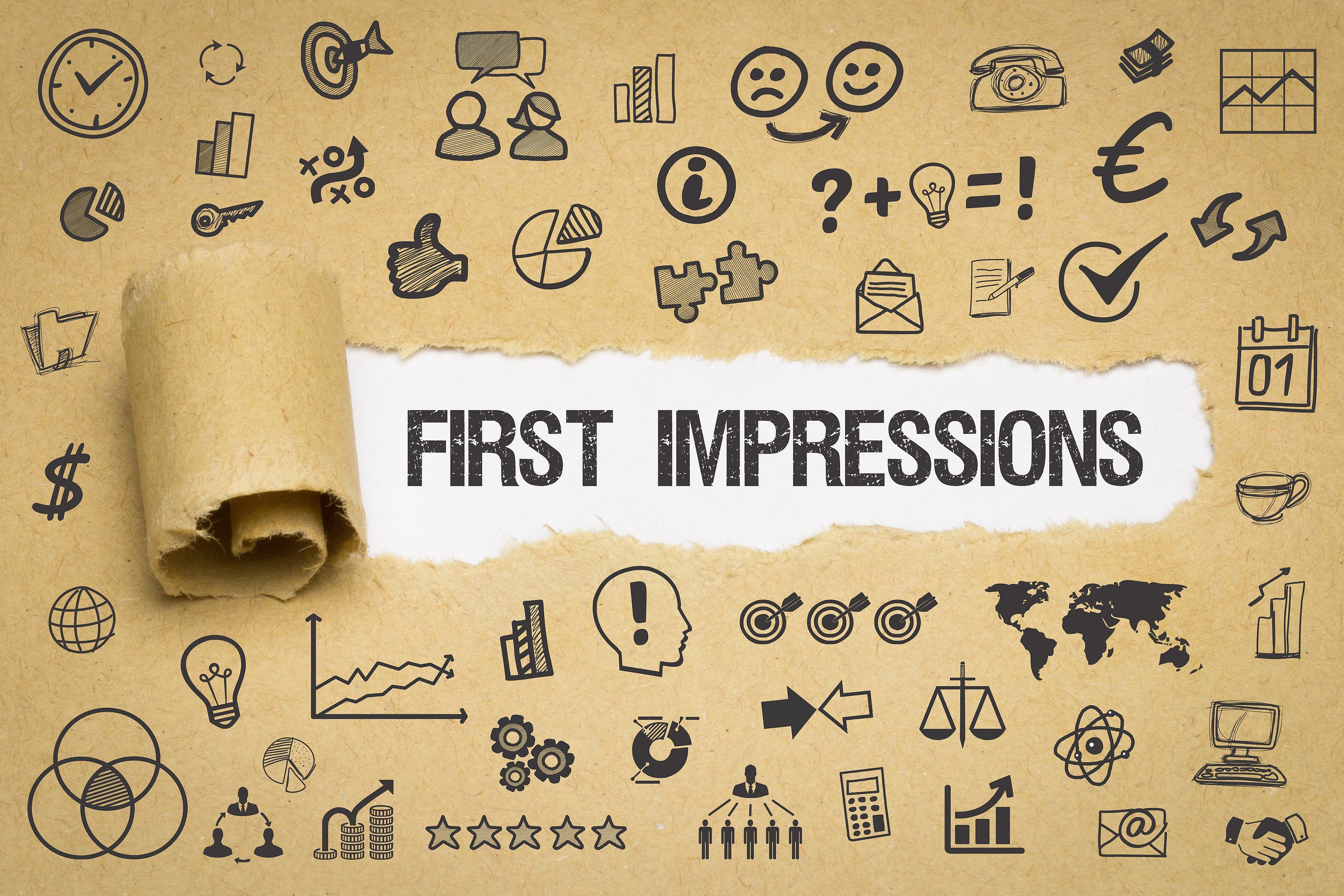 Torn paper revealing the words 'First Impressions' surrounded by various business icons.